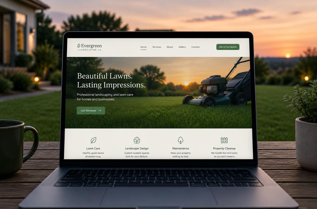 Landscaping company website shown on a laptop